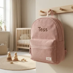 Roze ribfluwelen kinderrugzak met naam Tess geborduurd, hangend aan houten kapstok in babykamer